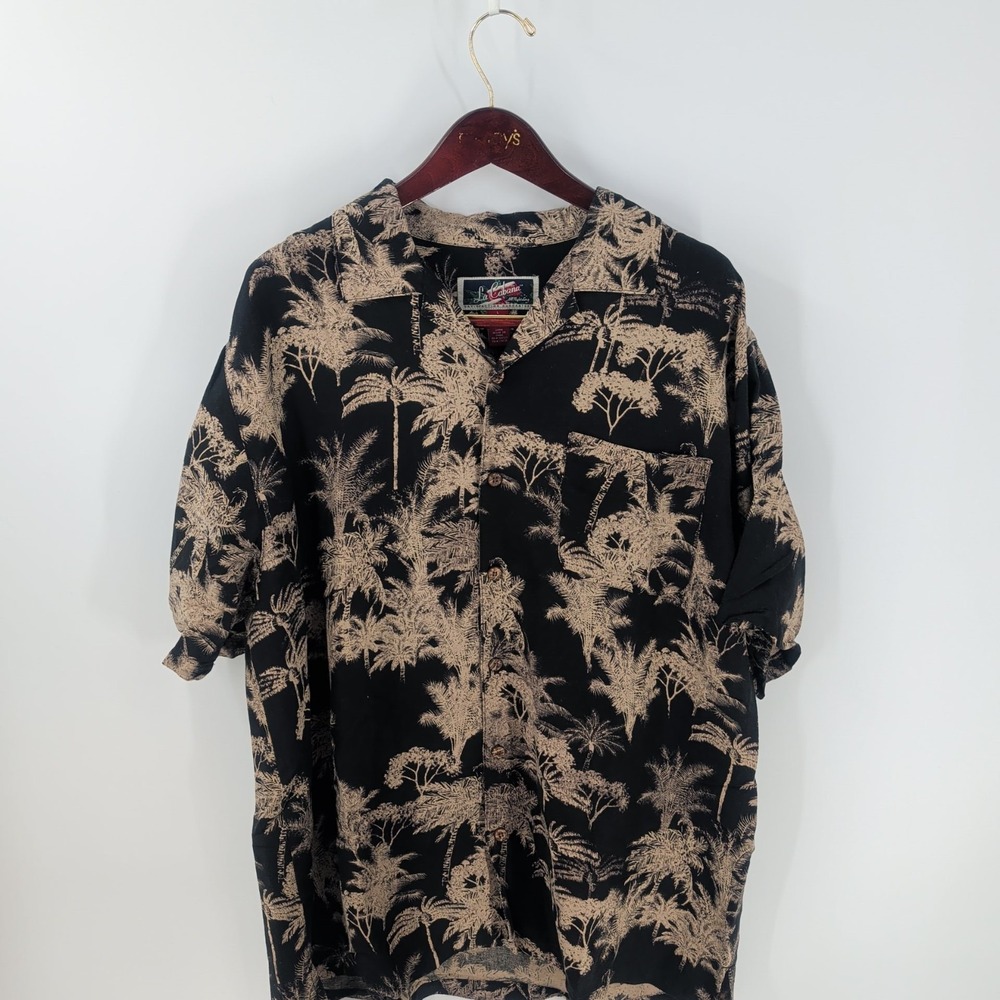 Vtg La Cabana Short Sleeve Tropical Hawaiian Button-Up Shirt Black Beige Size‎ L